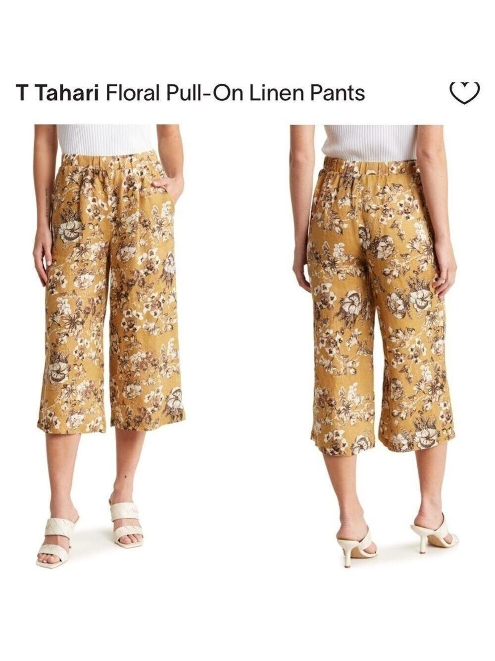 TAHARI Adele Floral Birds Wide Leg 100% Soft Light Linen Crop Pants Women Small